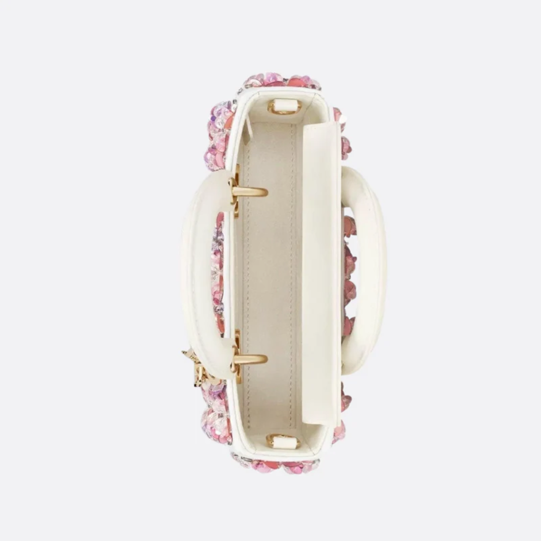 Bag Lady Dj Micro – White Calfskin w/ Pink Floral Emb & Strass